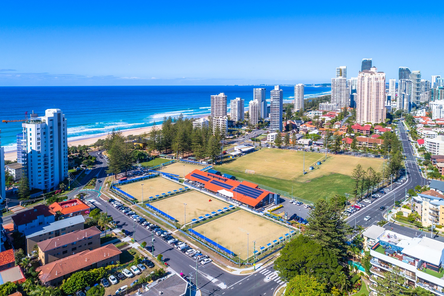 Coolshade aquablue fabric shades at Broadbeach Bowls Club